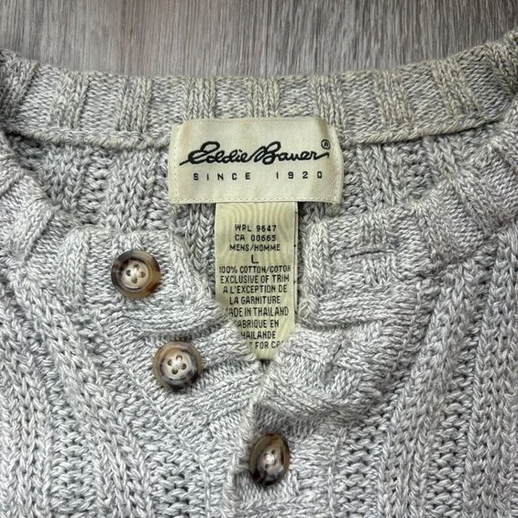 Eddie Bauer Men's L Heather Grey 100% Cotton Ribbed Knit 3-Button Henley Sweater - Picture 5 of 9